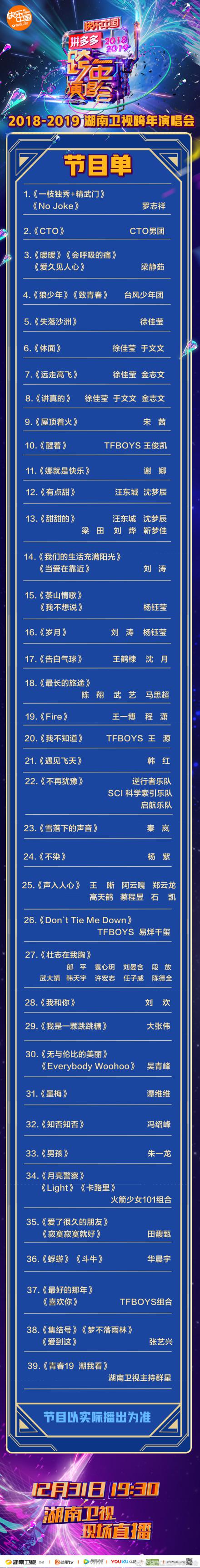 湖南卫视跨年晚会节目单曝光 TFBOYS再合体